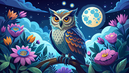 Obraz premium Very beautiful majestic owl perched on a branch under a glowing full moon, surrounded by softly blooming flowers, creating a serene nocturnal wildlife scene filled with mystery and calm.
