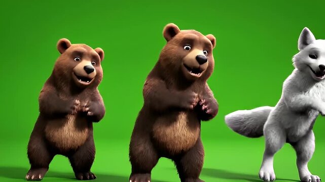 Two happy cartoon brown bears and a white wolf dancing on a green screen.