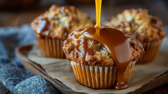 63Fresh muffins on parchment paper with caramel being poured, glossy sauce forming elegant swirls, warm color palette, cozy dessert scene perfect for food lovers