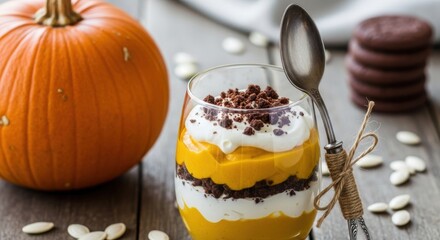 Festive layered pumpkin parfait in a glass, with cookie crumbs, whipped cream, and fresh berries, beside a whole pumpkin.