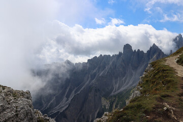 Cadini di Misurina Dolomites seen from cliffside hiking path