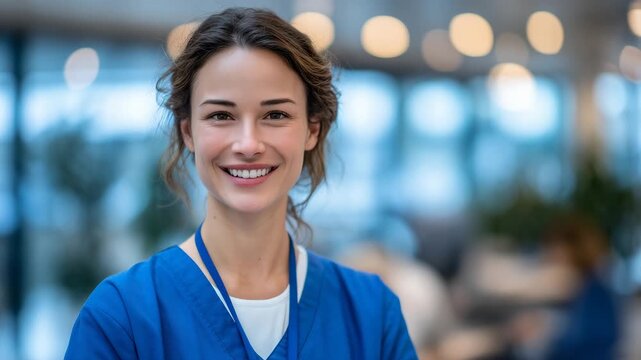71Close-up portrait of a smiling healthcare professional, calm and confident expression, medical scrubs and badge visible, soft daylight, hospital environment softly out of focus, co