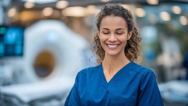 87Healthcare professional smiling confidently in a clinical environment, modern medical equipment softly blurred, natural light highlighting facial features, symbol of trust and comp