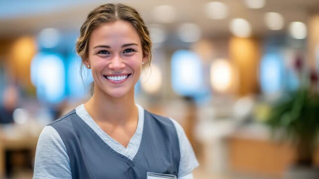88Warm and inspiring image of a smiling healthcare worker, professional attire, hospital setting with subtle depth of field, calm colors emphasizing care, empathy, and dedication