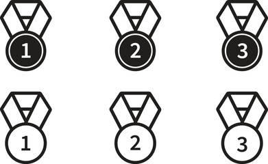 Award Medal Icon Set with First Second and Third Place Numbers - Minimalist Black and White Ranking Symbols Vector