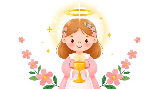 First Holy Communion Celebration Animated Illustration of Young Girl Holding Golden Chalice with Glowing Cross and Floral Pastel Background