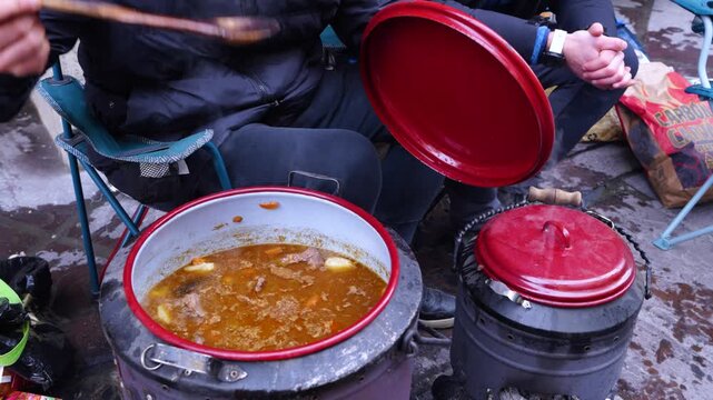 Traditional stew cooked in a "railway pot" in Reinosa, in the Campoo-Los Valles region. Cantabria. Spain. Europe