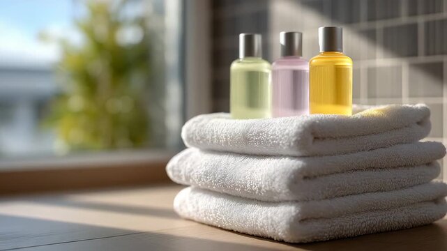 279Close-up of vibrant shampoo bottles with neatly stacked white towels, modern bathroom tiles blurred in the background, soft sunlight casting gentle shadows, luxurious and relaxing