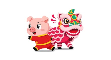 Fototapeta premium Cute Cartoon Piglet with Colorful Lion Dance Costume for Festival Celebration