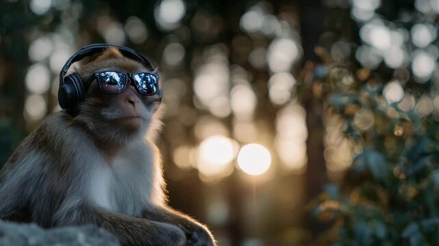 285Cinematic close-up of a monkey wearing headphones, sunset highlights catching the glossy finish of the tech accessory, soft forest bokeh behind, meditative and whimsical tone