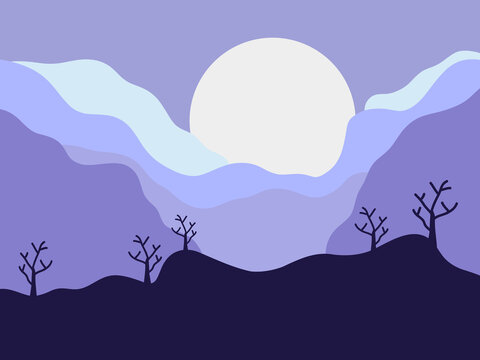 Enchanting vector artwork capturing the tranquil mystery of a moonlit night, featuring silhouetted hills and bare trees beneath a vast, luminous celestial body and ethereal, layered clouds
