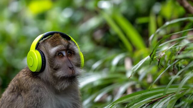 282Close-up of a monkey with neon green headphones, thoughtful expression, blurred jungle background, contrast between vivid tech accessory and natural environment, reflective and whi