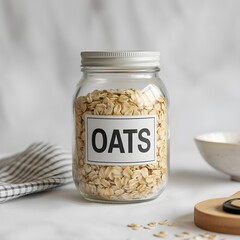 Glass jar filled with oats, minimal branding mockup style