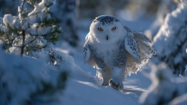 308Majestic snowy scene with owl mid-stride, fine feather textures visible, eyes bright and piercing, gentle snowfall around, serene winter forest creating a peaceful yet powerful nat