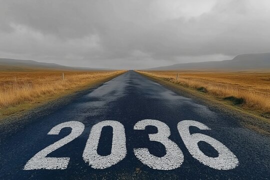 Path to Future Years Lonely Road Marked 2036 Under Cloudy Sky, Guiding Principles of Journey