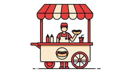 Flat illustration of a food vendor holding a hamburger on a cart with a striped awning and condiments.