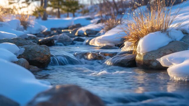 313Tranquil winter creek with melting ice patches, warm sunset illuminating flowing water, snow-covered rocks glistening, intimate close-up capturing serene natural beauty