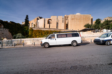 Police car in the Old City of Jerusalem, Holy Land, Israel. Police in the Middle East. © Tomasz