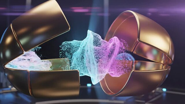 Golden capsule opens releasing glowing particles and energy in futuristic setting
