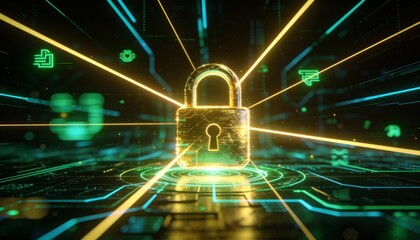 Fototapeta premium Glowing Golden Circuit Padlock with Neon Speed Lines. 3D Illustration of Cyber Security, Data Encryption and High Tech Internet Safety Concept. Futuristic Network Protection Background