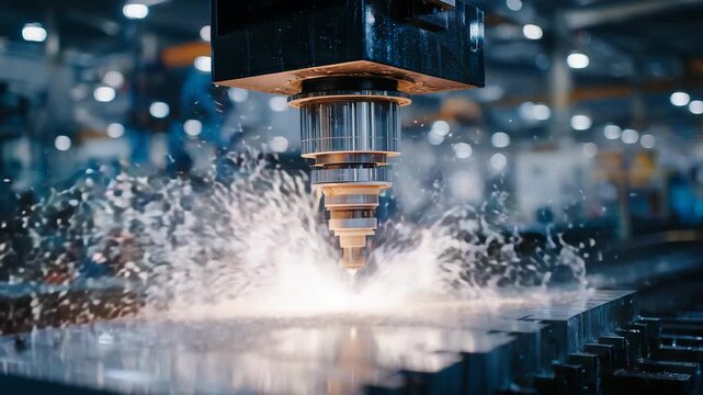 334Close-up of robotic CNC arm shaping metal, sparks and glowing reflections on machined surface, modern workshop environment, highlighting automation and artisanal detail in manufact