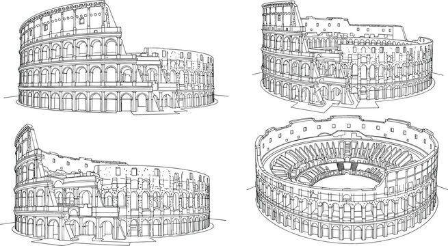 Detailed line art illustrations of the Roman Colosseum from various angles for historical education and Italian travel design