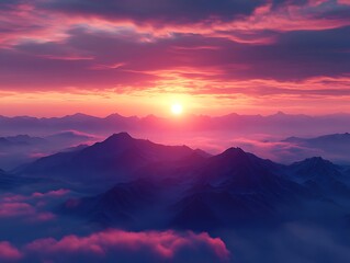 Obraz premium Mountains in ethereal fog bathed in vibrant sunset hues, creating a dreamlike vista