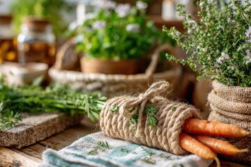 Fototapeta premium Fresh organic carrots wrapped in natural twine with herbs, displaying rustic kitchen decor and vibrant green plants on a warm wooden table setting.