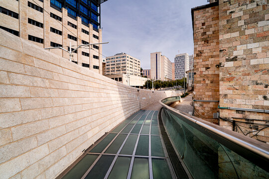 View from modern Chords Bridge in Jerusalem. Modern Israeli city without people and with new residential buildings.