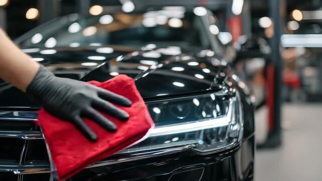 361Close-up of gloved hand polishing a sleek car headlight, red microfiber cloth in motion, subtle reflections on smooth surface, dim garage lighting casting soft shadows, emphasizing