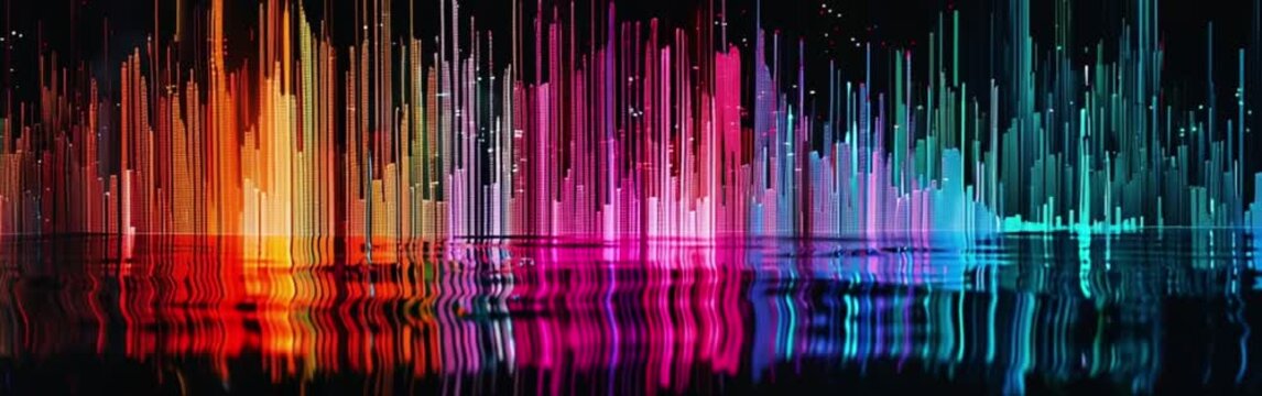 Abstract colorful background featuring a bright digital wave pattern with shiny rainbow stripes and glowing blue motion lines on a dark technology backdrop illustration