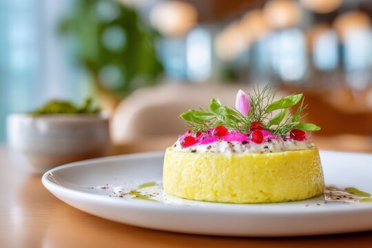 Beautifully plated causa rellena with vibrant toppings, including herbs and edible flowers, served on a white plate in a contemporary dining setting