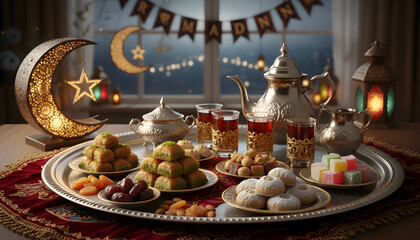 Elegant Ramadan Table With Silver Tea Set, Sweets, And Crescent Moon Lanterns For Celebration Evening