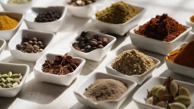 A collection of various spices in small white bowls, offering a vibrant culinary experience