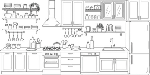 Detailed line art vector of modern kitchen interior with stove refrigerator cabinets and shelving for home renovation and cooking © Najmul