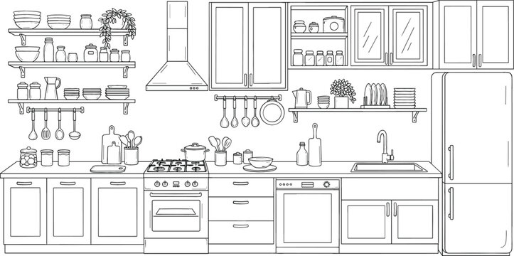 Detailed line art vector of modern kitchen interior with stove refrigerator cabinets and shelving for home renovation and cooking