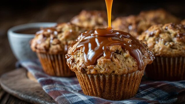 Freshly baked muffins arranged on a rustic wooden table, thick caramel sauce being drizzled slowly over the tops, glossy texture catching warm light, steam rising gently, irresisti