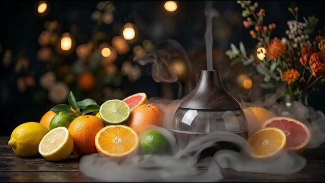 Wooden aromatherapy essential oil diffuser emitting steam surrounded by fresh citrus fruits like lemons oranges and grapefruit on a dark wooden table with bokeh background