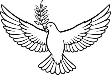 Fototapeta premium Dove with olive branch symbol, peace freedom icon, flying bird outline, religion hope emblem, cad drawing, flat vector illustration