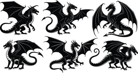 dragon, silhouette, fantasy, black, white, icon, illustration, vector, design, symbol, wings, tail, claws, creature, mythical, fierce, flying, reptile, monster, legend, fire © Empowerment angle 