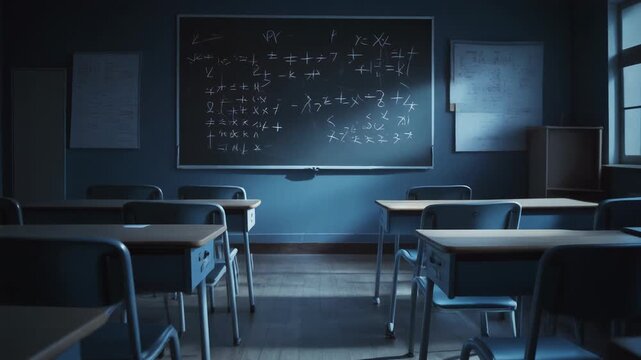 Empty Dark Classroom with Moonlight and Math Equations, Cinematic Dolly Shot