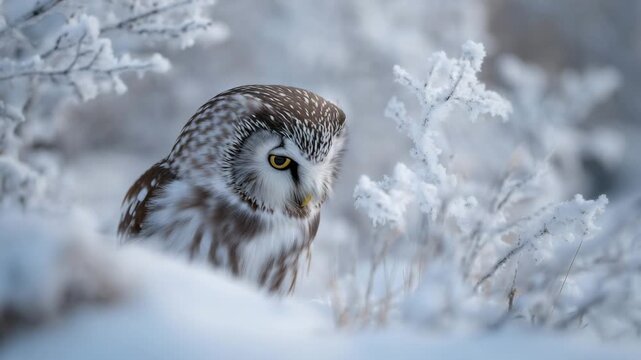 Front-facing close-up of owl walking on snowy terrain, golden eyes piercing the camera, fine feather patterns emphasized, snow-covered branches blurred in background, serene and re
