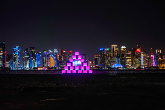 Doha, Qatar - January 22, 2026: Web Summit 2026 Doha event logo on Qatar Skyline