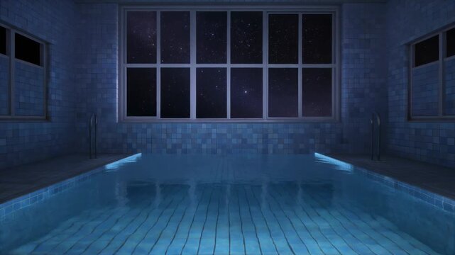 Empty Indoor Swimming Pool with Blue Tiles at Night, Cinematic Dolly Shot