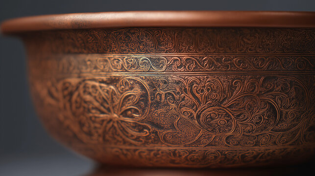 unstylish. Copper vessel with intricate Ottoman floral patterns, detailed metalwork close-up. event programs, museum guides, designed for cultural heritage projects and event programs.