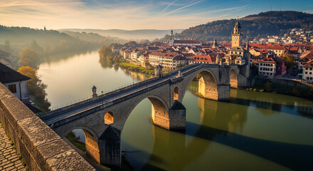 Historic Stone Bridge Over River with Cityscape and Mountains in Background at Sunset