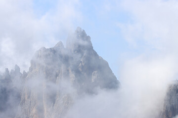 Cadini di Misurina Dolomites peaks shrouded in alpine clouds