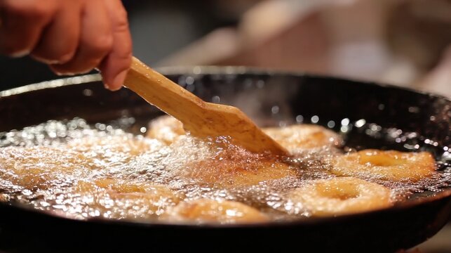 Street vendor frying picarones in hot oil with wooden spatula, golden pastries bubbling in a large black frying pan, food preparation in a bustling market setting