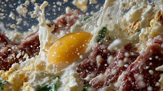 High-speed capture of cooking ingredients in action, milk splashing over cracked eggs and fresh meat, white clean background, textures and motion emphasized, artistic and appetizin