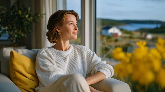 Intimate shot of woman in stylish living room, seated in armchair, gaze out window at vibrant spring scenery, minimalist furniture and soft lighting creating a peaceful, contemplat